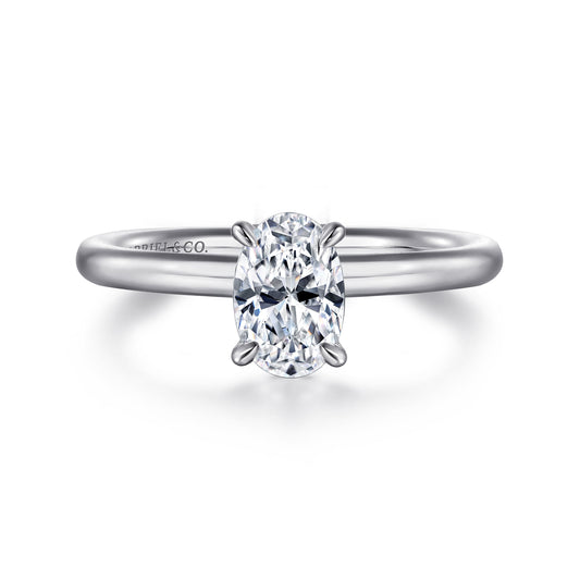 Platinum Oval Solitaire Engagement Ring — Gabriel & Co. ER15619O4PTJJJ; center stone shown for illustration, not included
