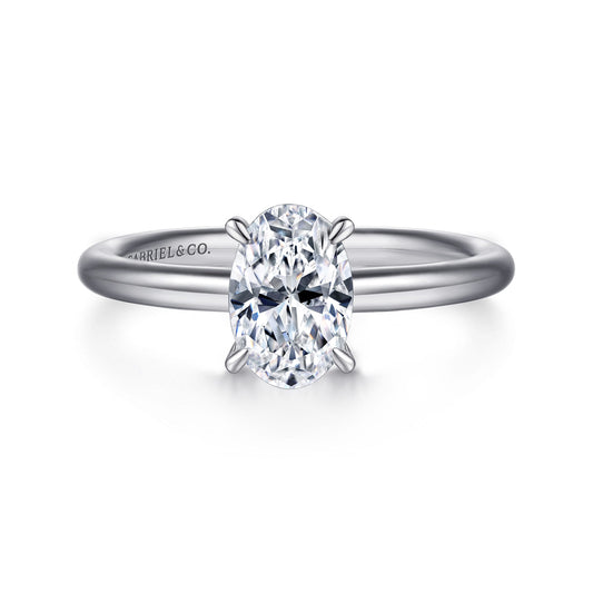 14K White Gold Oval Solitaire Engagement Ring — Gabriel & Co. ER15619O4W4JJJ; center stone shown for illustration, not included