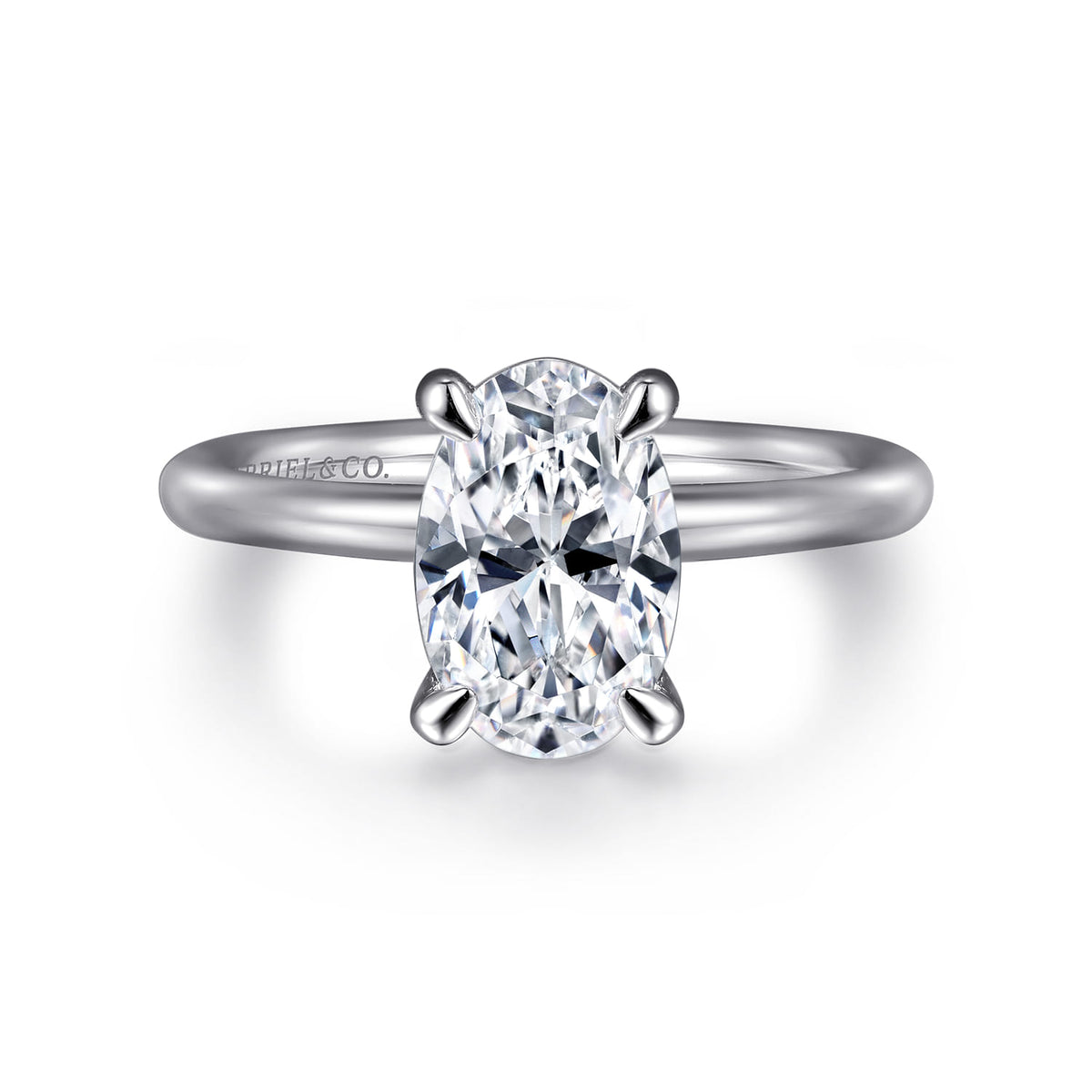 Platinum Oval Solitaire Engagement Ring — Gabriel & Co. ER15619O8PTJJJ; center stone shown for illustration, not included