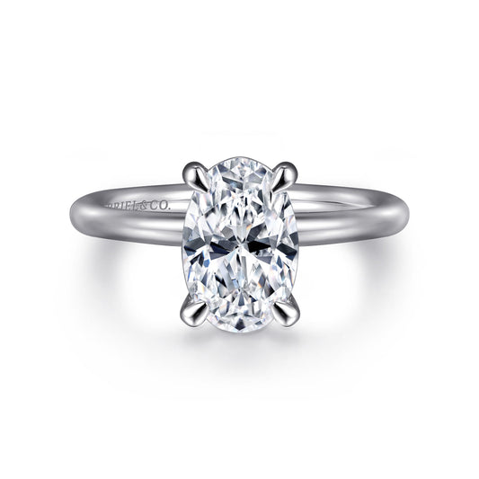14K White Gold Oval Solitaire Engagement Ring — Gabriel & Co. ER15619O8W4JJJ; center stone shown for illustration, not included