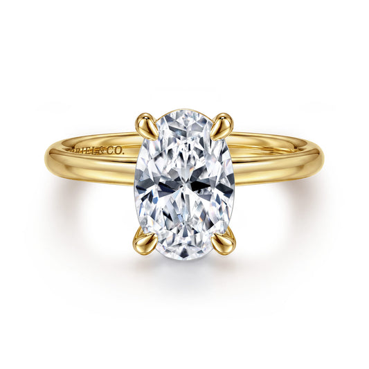 14K Yellow Gold Oval Solitaire Engagement Ring — Gabriel & Co. ER15619O8Y4JJJ; center stone shown for illustration, not included