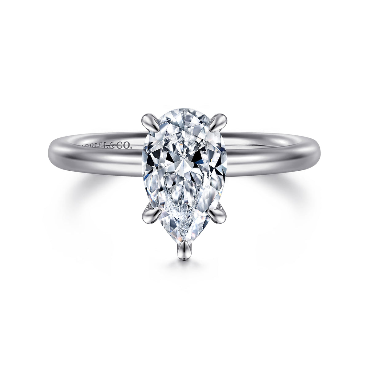 14K White Gold Pear Shape Solitaire Engagement Ring — Gabriel & Co. ER15619P6W4JJJ; center stone shown for illustration, not included