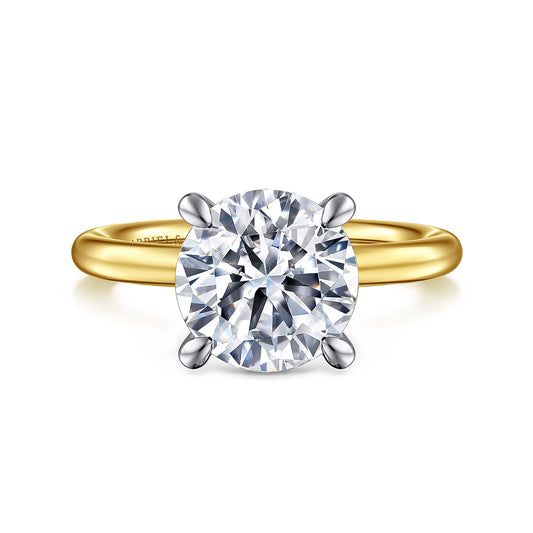 14K White-Yellow Gold Round Solitaire Diamond Engagement Ring — Gabriel & Co. ER15619R12M4JJJ; center stone shown for illustration, not included