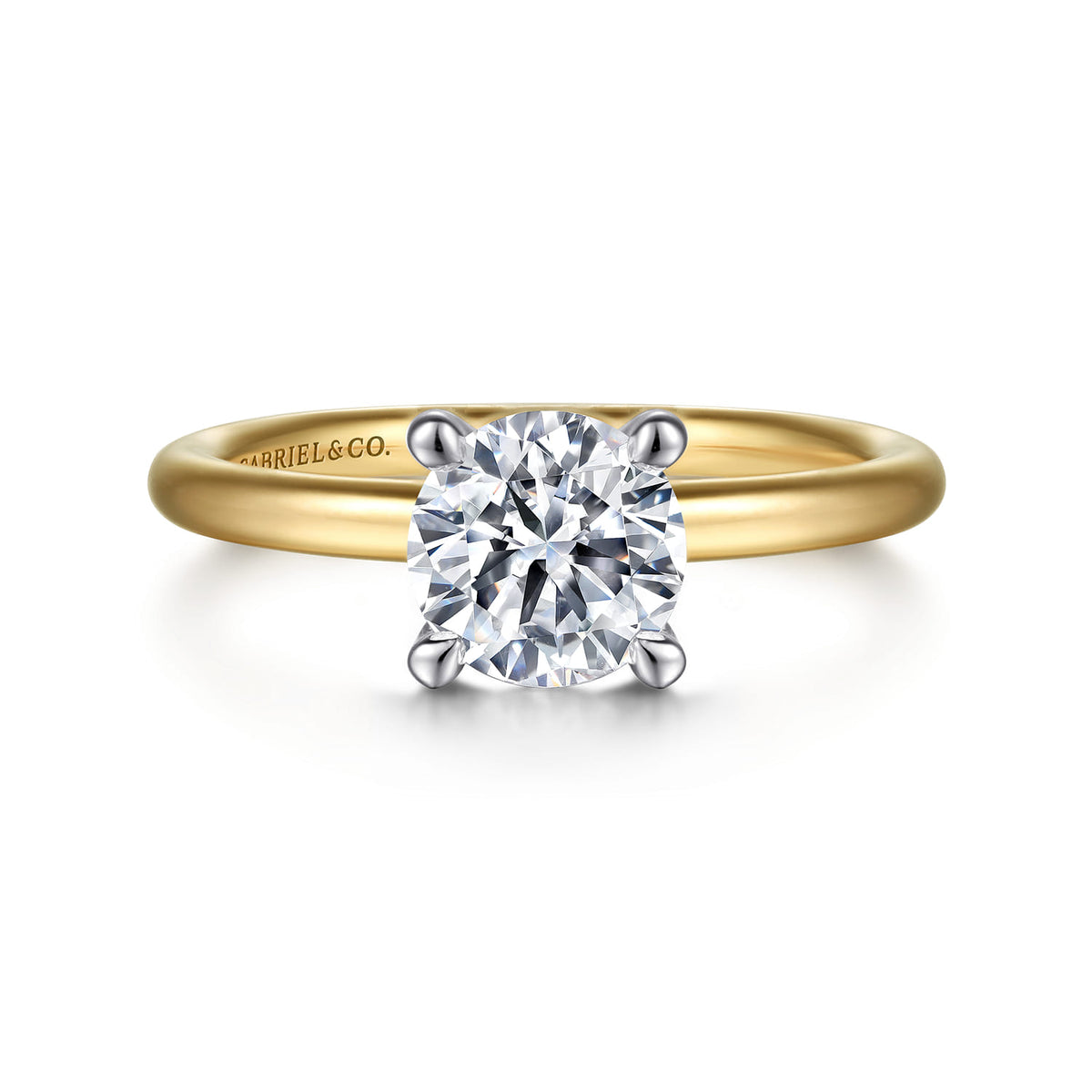 14K White-Yellow Gold Round Solitaire Diamond Engagement Ring — Gabriel & Co. ER15619R4M4JJJ; center stone shown for illustration, not included