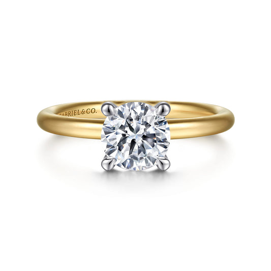 14K White-Yellow Gold Round Solitaire Diamond Engagement Ring — Gabriel & Co. ER15619R4M4JJJ; center stone shown for illustration, not included