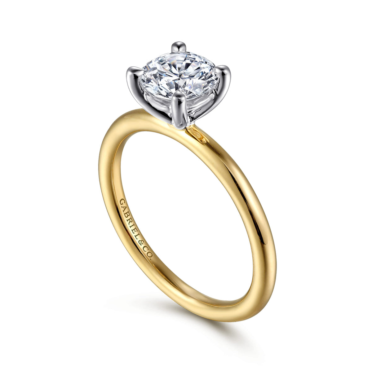 14K White-Yellow Gold Round Solitaire Diamond Engagement Ring — Gabriel & Co. ER15619R4M4JJJ; center stone shown for illustration, not included