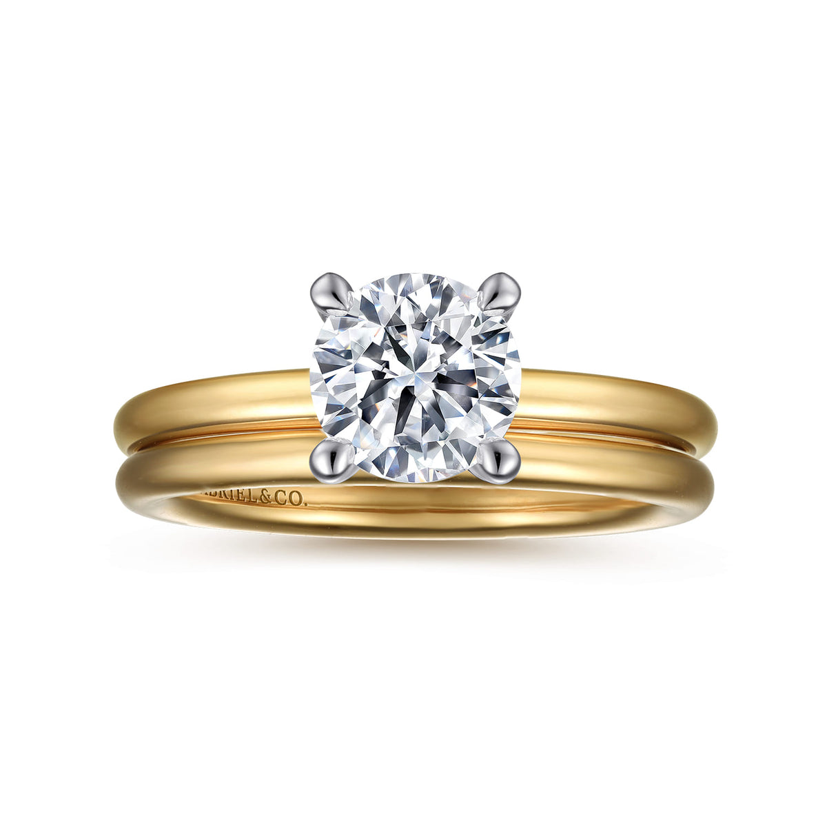 14K White-Yellow Gold Round Solitaire Diamond Engagement Ring — Gabriel & Co. ER15619R4M4JJJ; center stone shown for illustration, not included