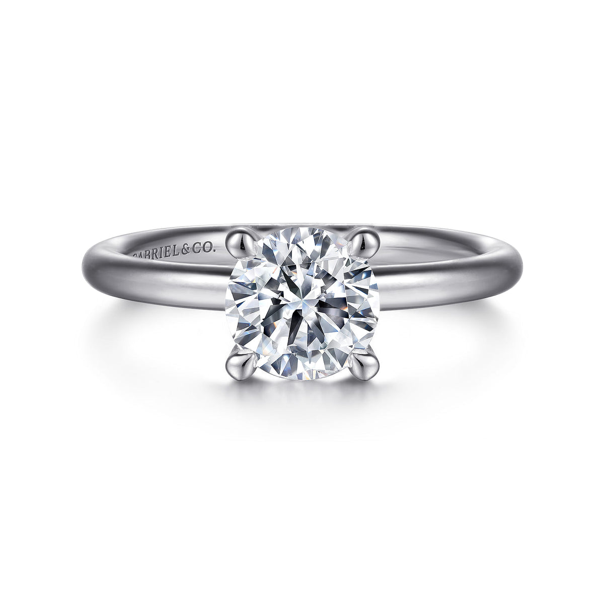 14K White Gold Round Solitaire Engagement Ring — Gabriel & Co. ER15619R4W4JJJ; center stone shown for illustration, not included