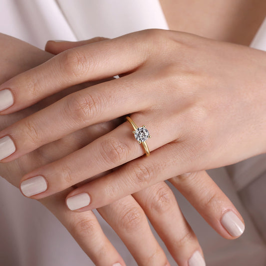 14K Yellow Gold Round Solitaire Engagement Ring — Gabriel & Co. ER15619R4Y4JJJ; center stone shown for illustration, not included