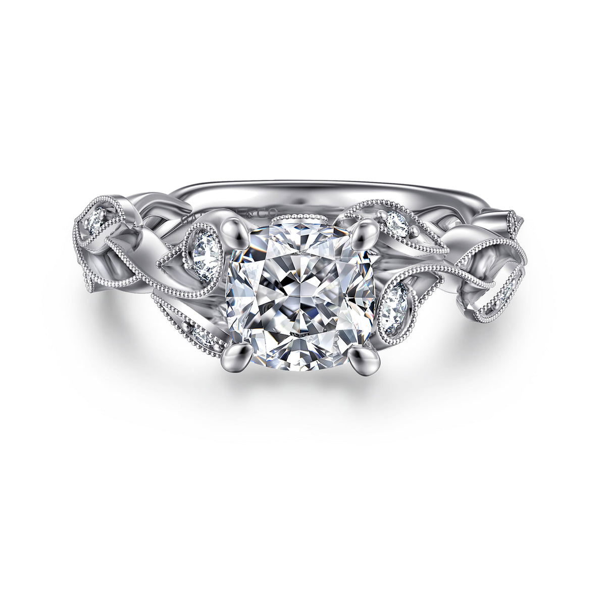 14K White Gold Floral Cushion Cut Diamond Engagement Ring — ER15626C6W44JJ; center stone shown for illustration, not included