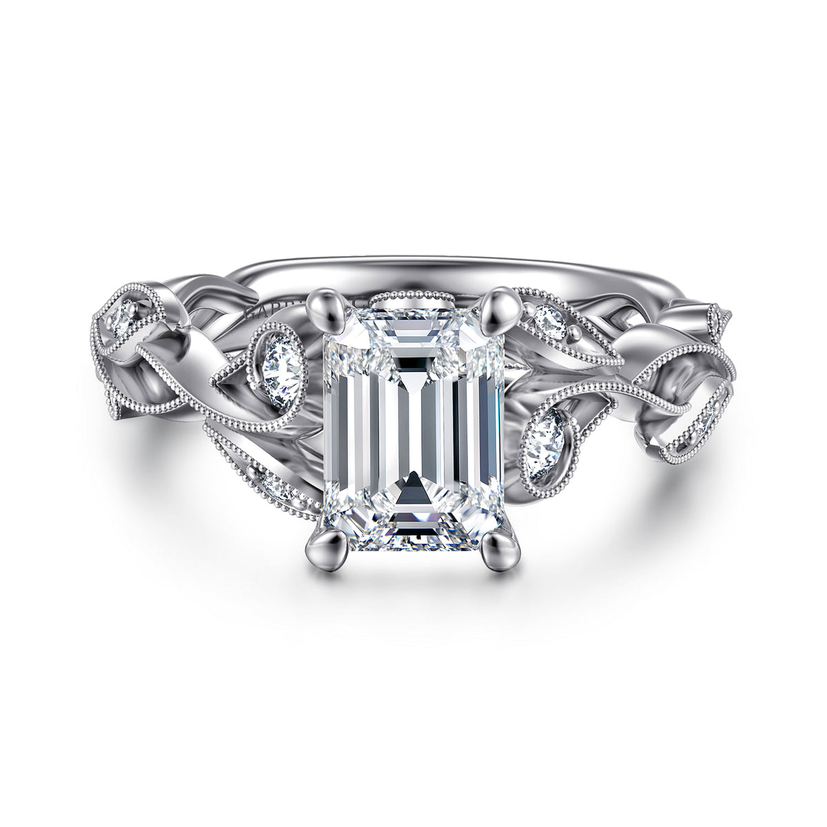 14K White Gold Floral Emerald Cut Diamond Engagement Ring — ER15626E6W44JJ; center stone shown for illustration, not included