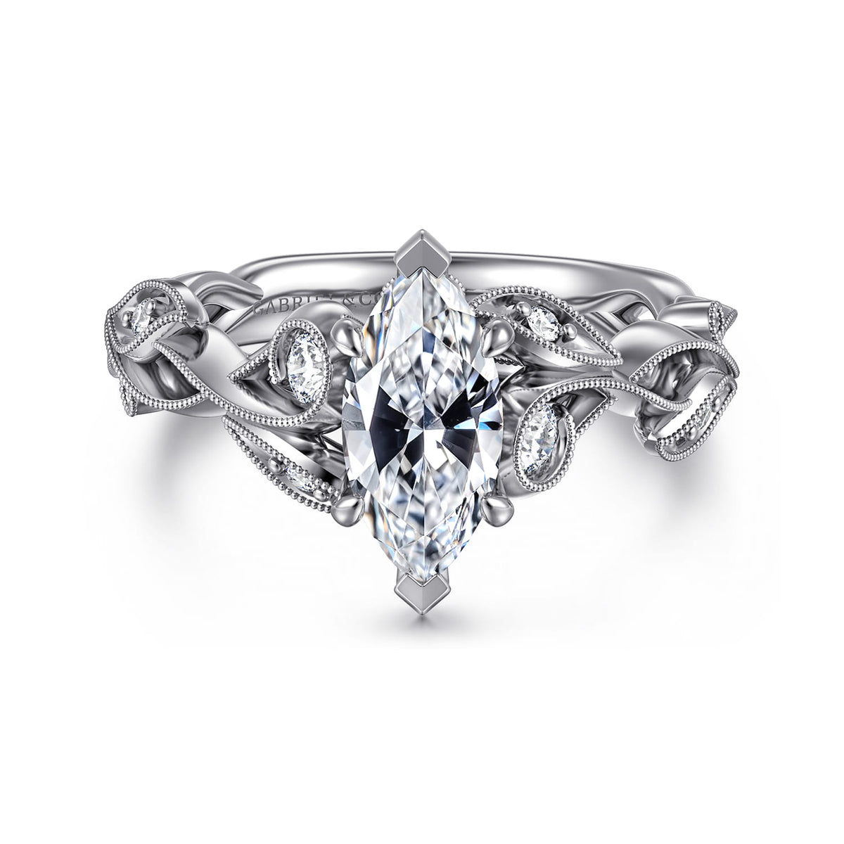 14K White Gold Floral Marquise Shape Diamond Engagement Ring — ER15626M4W44JJ; center stone shown for illustration, not included