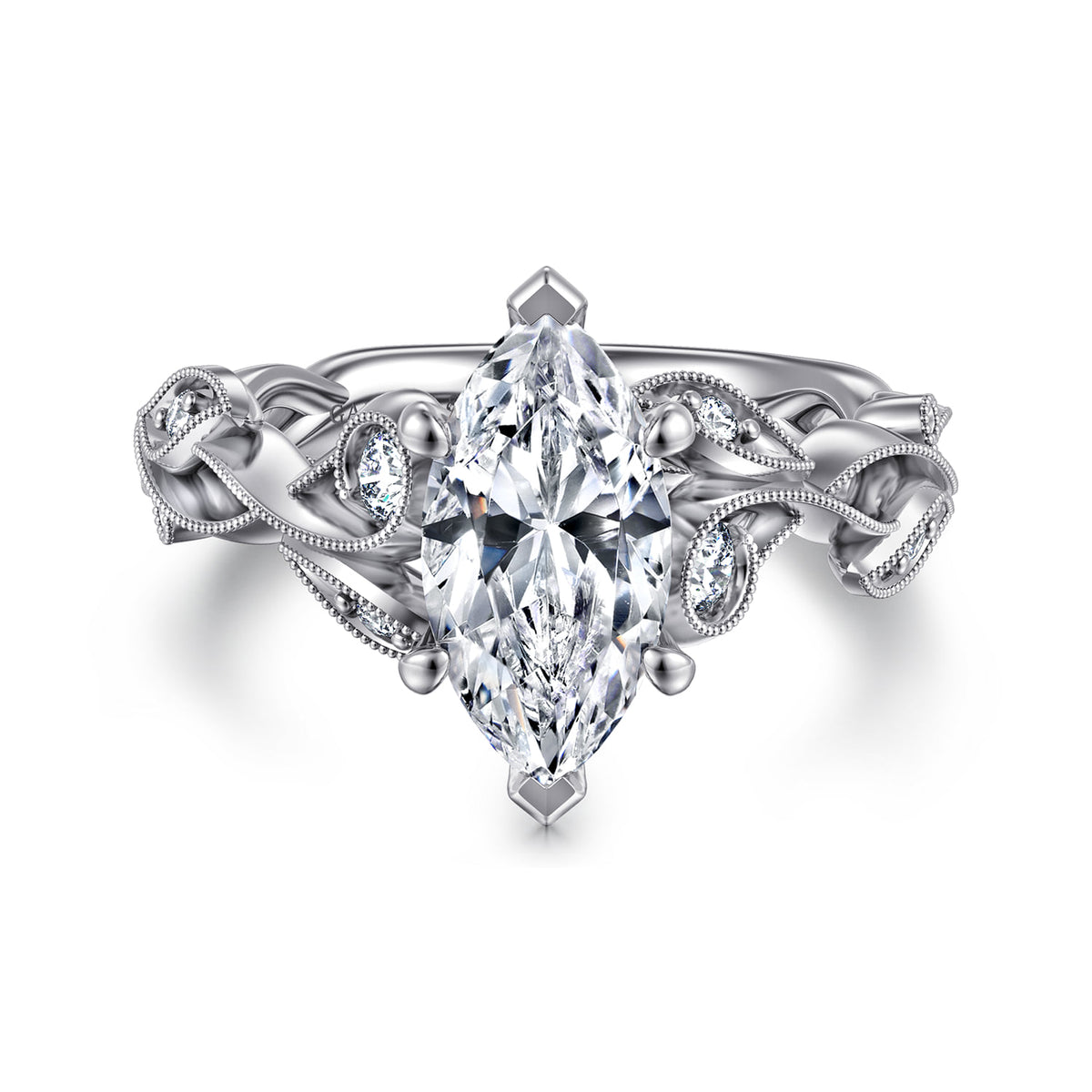 14K White Gold Floral Marquise Shape Diamond Engagement Ring — ER15626M6W44JJ; center stone shown for illustration, not included
