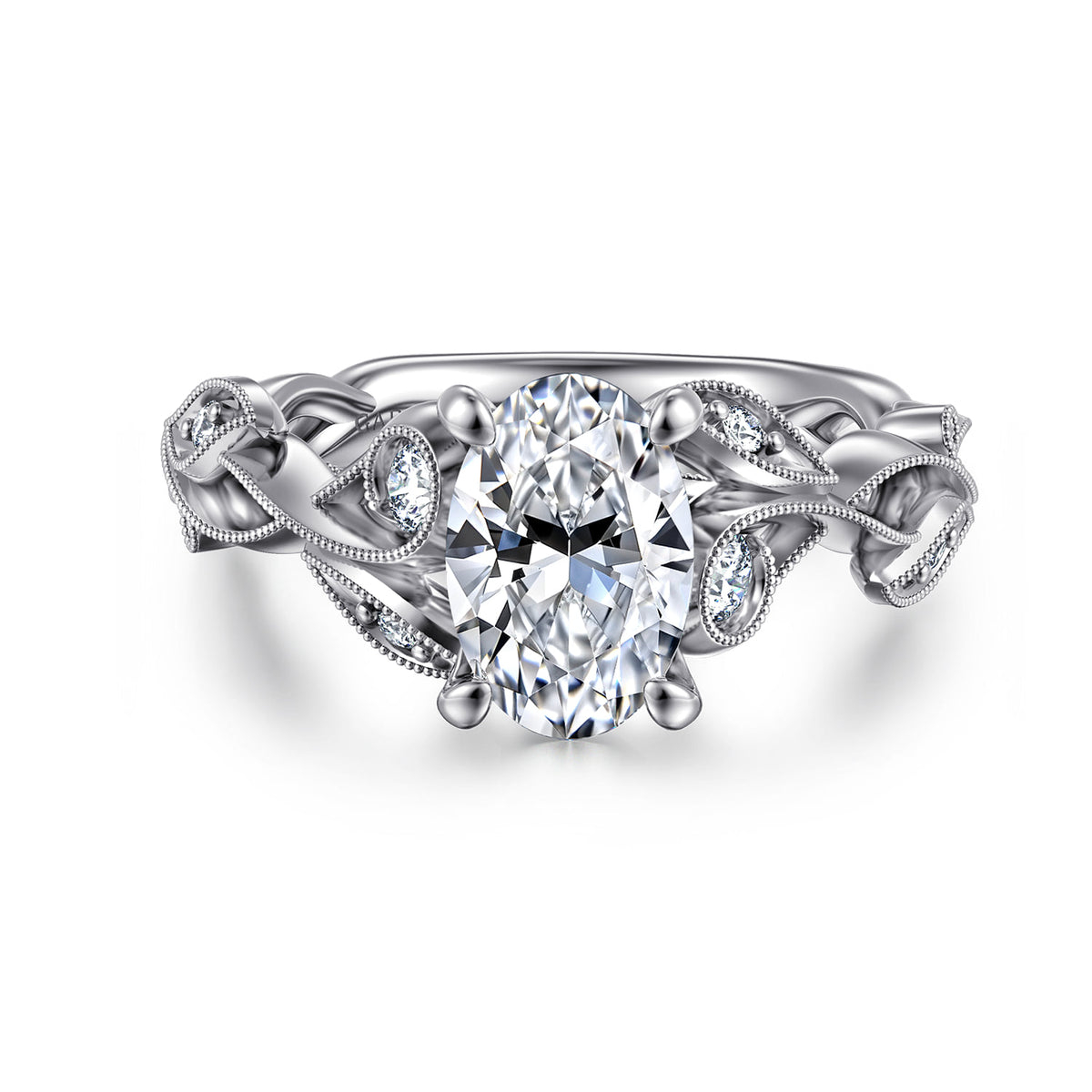 14K White Gold Floral Oval Diamond Engagement Ring — ER15626O6W44JJ; center stone shown for illustration, not included