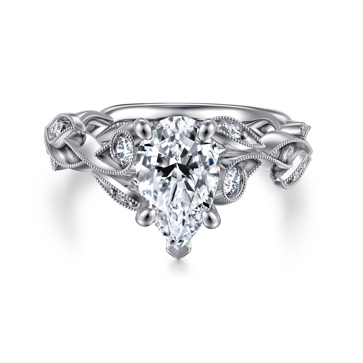 14K White Gold Floral Pear Shape Diamond Engagement Ring — ER15626P6W44JJ; center stone shown for illustration, not included
