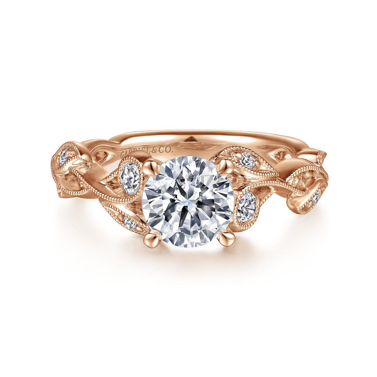 14K Rose Gold Floral Round Diamond Engagement Ring — ER15626R4K44JJ; center stone shown for illustration, not included