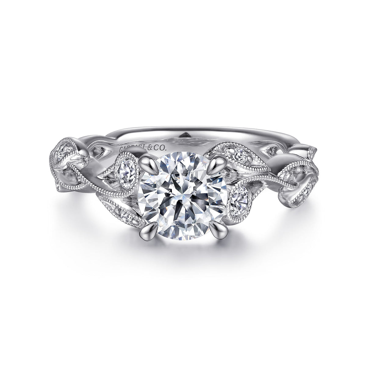 Platinum Floral Round Diamond Engagement Ring — ER15626R4PT4JJ; center stone shown for illustration, not included
