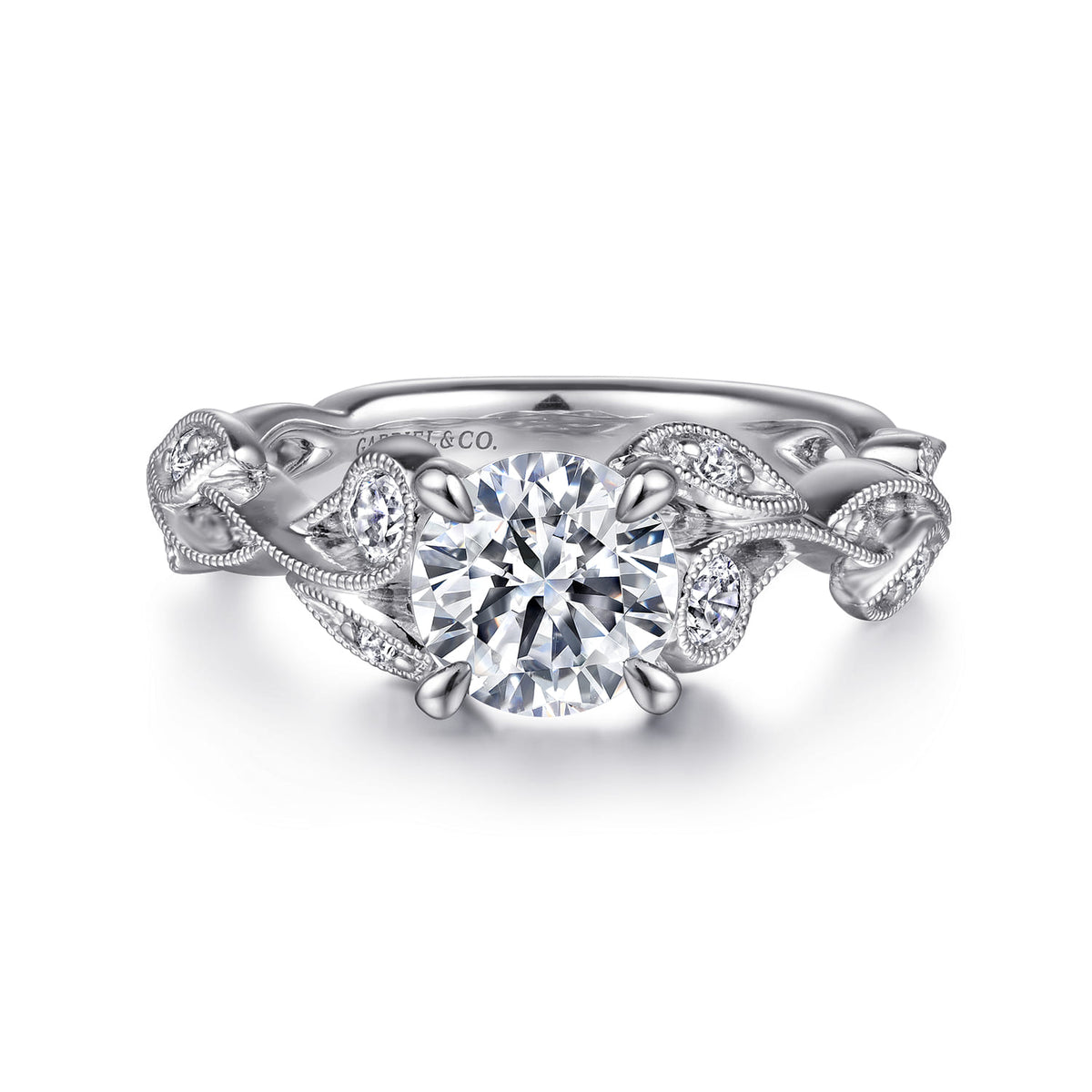 14K White Gold Floral Round Diamond Engagement Ring — ER15626R4W44JJ; center stone shown for illustration, not included