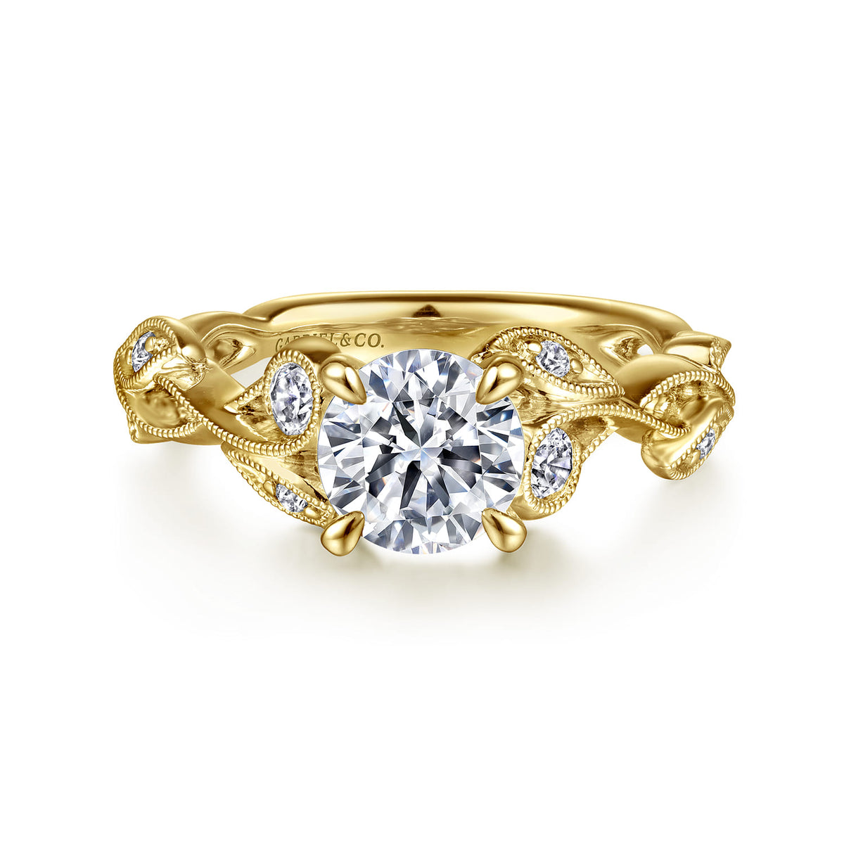 14K Yellow Gold Floral Round Diamond Engagement Ring — ER15626R4Y44JJ; center stone shown for illustration, not included