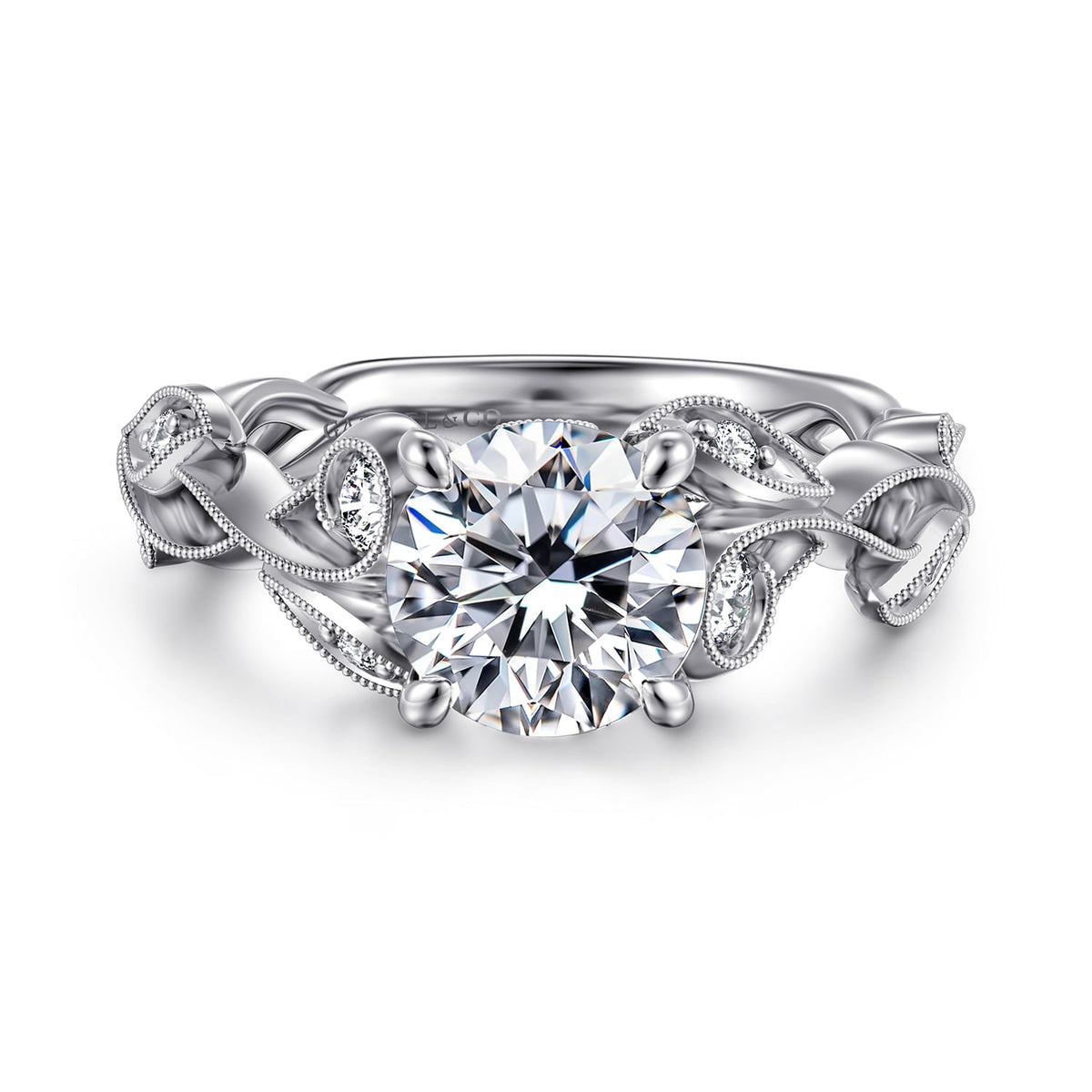 14K White Gold Floral Round Diamond Engagement Ring — Gabriel & Co. ER15626R6W44JJ; center stone shown for illustration, not included
