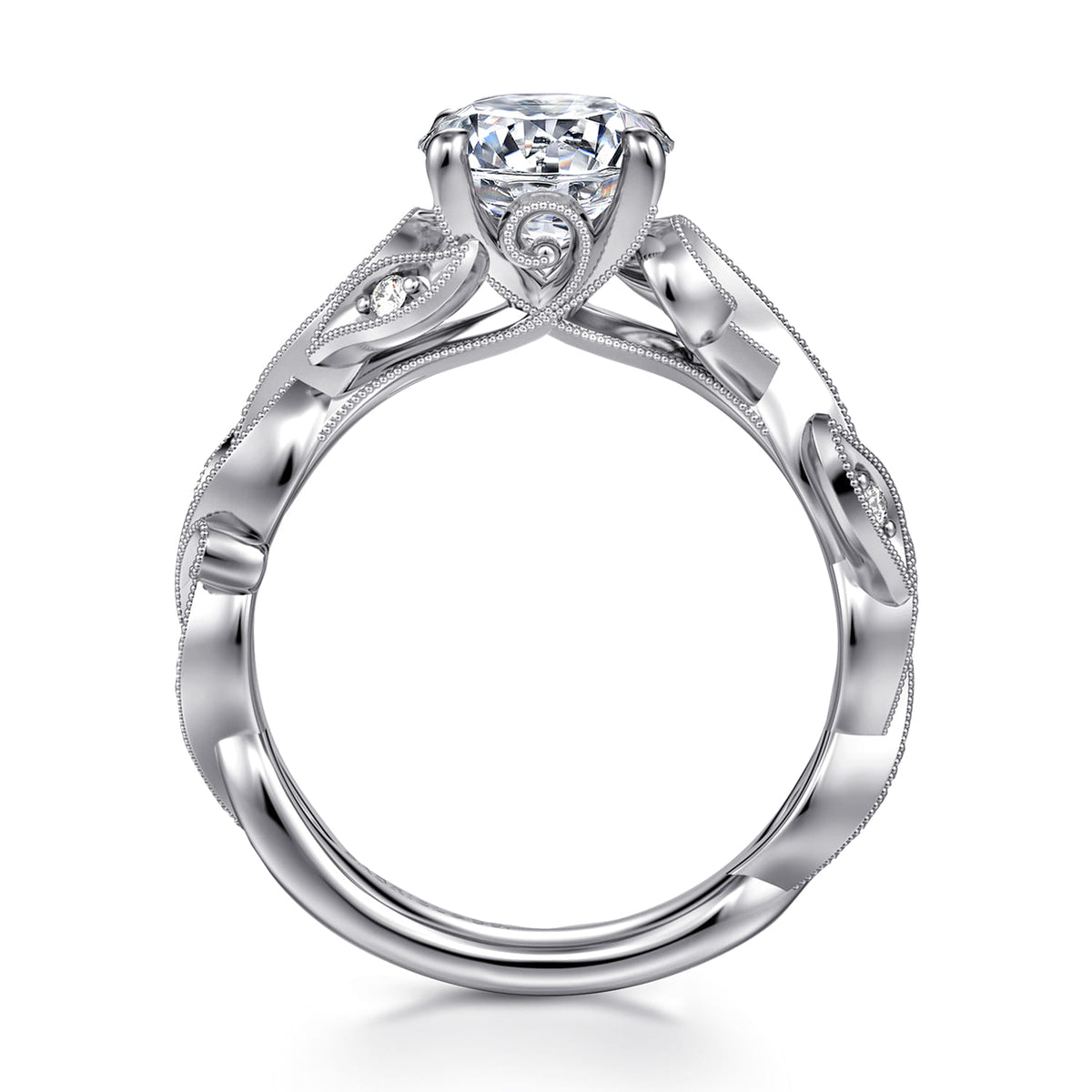 14K White Gold Floral Round Diamond Engagement Ring — Gabriel & Co. ER15626R6W44JJ; center stone shown for illustration, not included