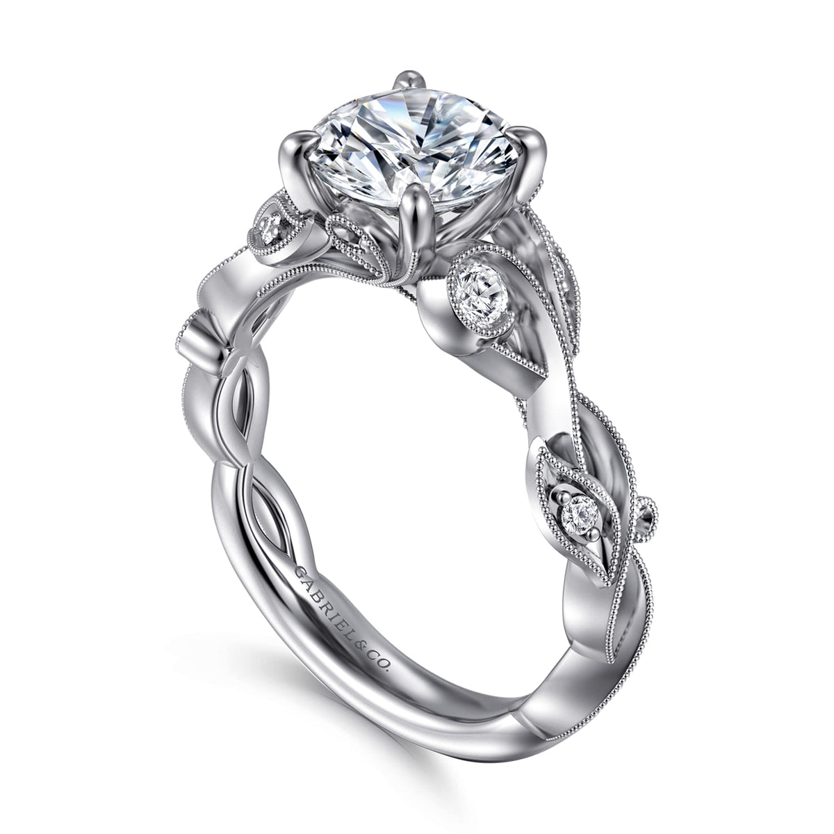 14K White Gold Floral Round Diamond Engagement Ring — Gabriel & Co. ER15626R6W44JJ; center stone shown for illustration, not included