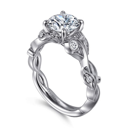 14K White Gold Floral Round Diamond Engagement Ring — Gabriel & Co. ER15626R6W44JJ; center stone shown for illustration, not included