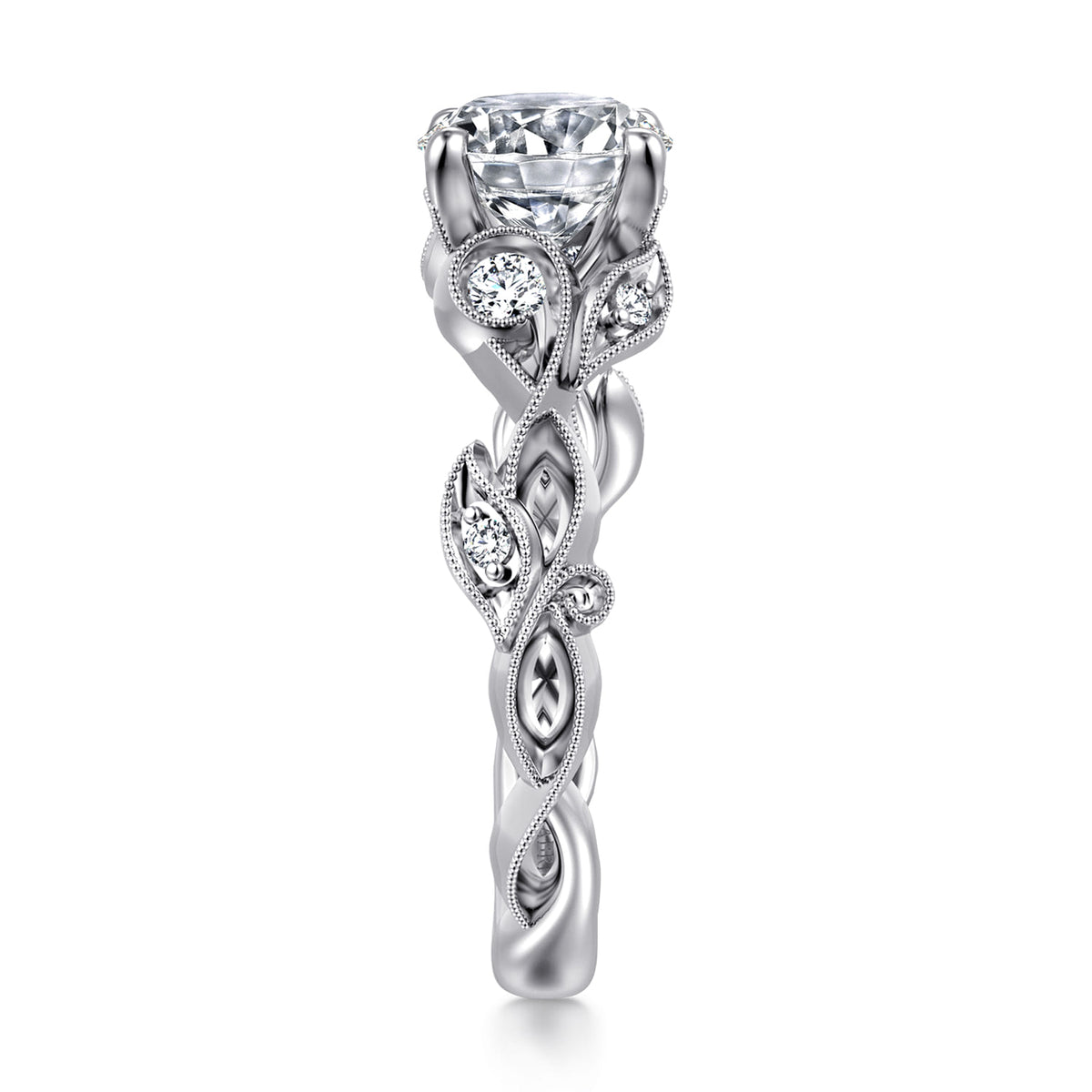 14K White Gold Floral Round Diamond Engagement Ring — Gabriel & Co. ER15626R6W44JJ; center stone shown for illustration, not included