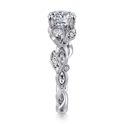 14K White Gold Floral Round Diamond Engagement Ring — Gabriel & Co. ER15626R6W44JJ; center stone shown for illustration, not included