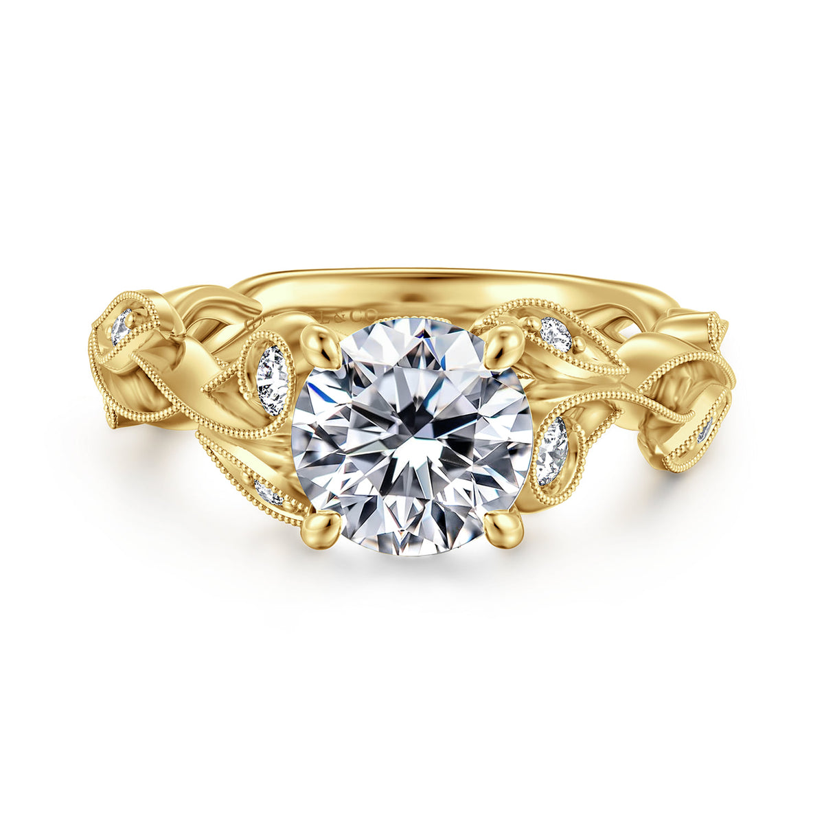 14K Yellow Gold Floral Round Diamond Engagement Ring — Gabriel & Co. ER15626R6Y44JJ; center stone shown for illustration, not included