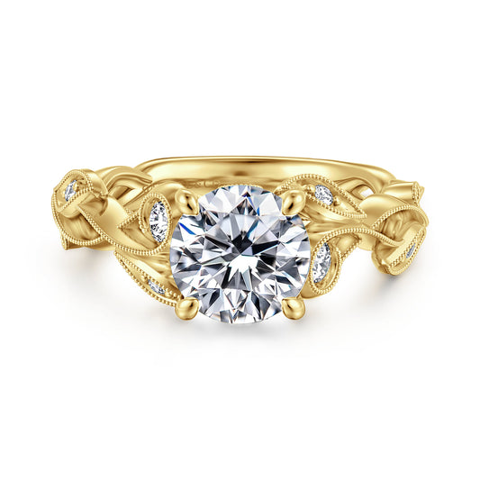14K Yellow Gold Floral Round Diamond Engagement Ring — Gabriel & Co. ER15626R6Y44JJ; center stone shown for illustration, not included