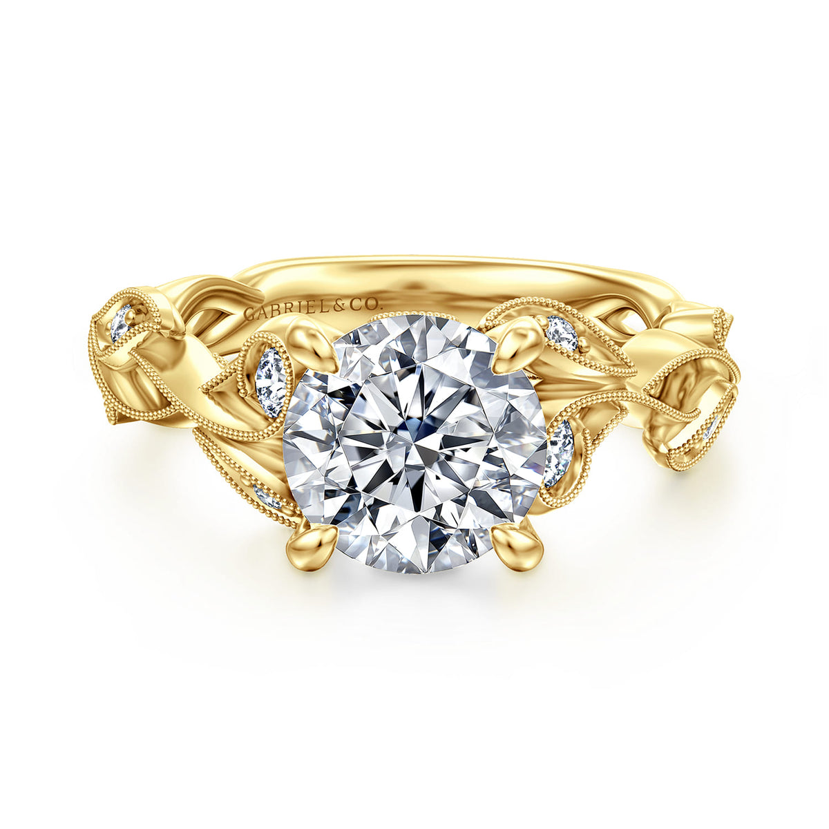 14K Yellow Gold Floral Round Diamond Engagement Ring — ER15626R8Y44JJ; center stone shown for illustration, not included