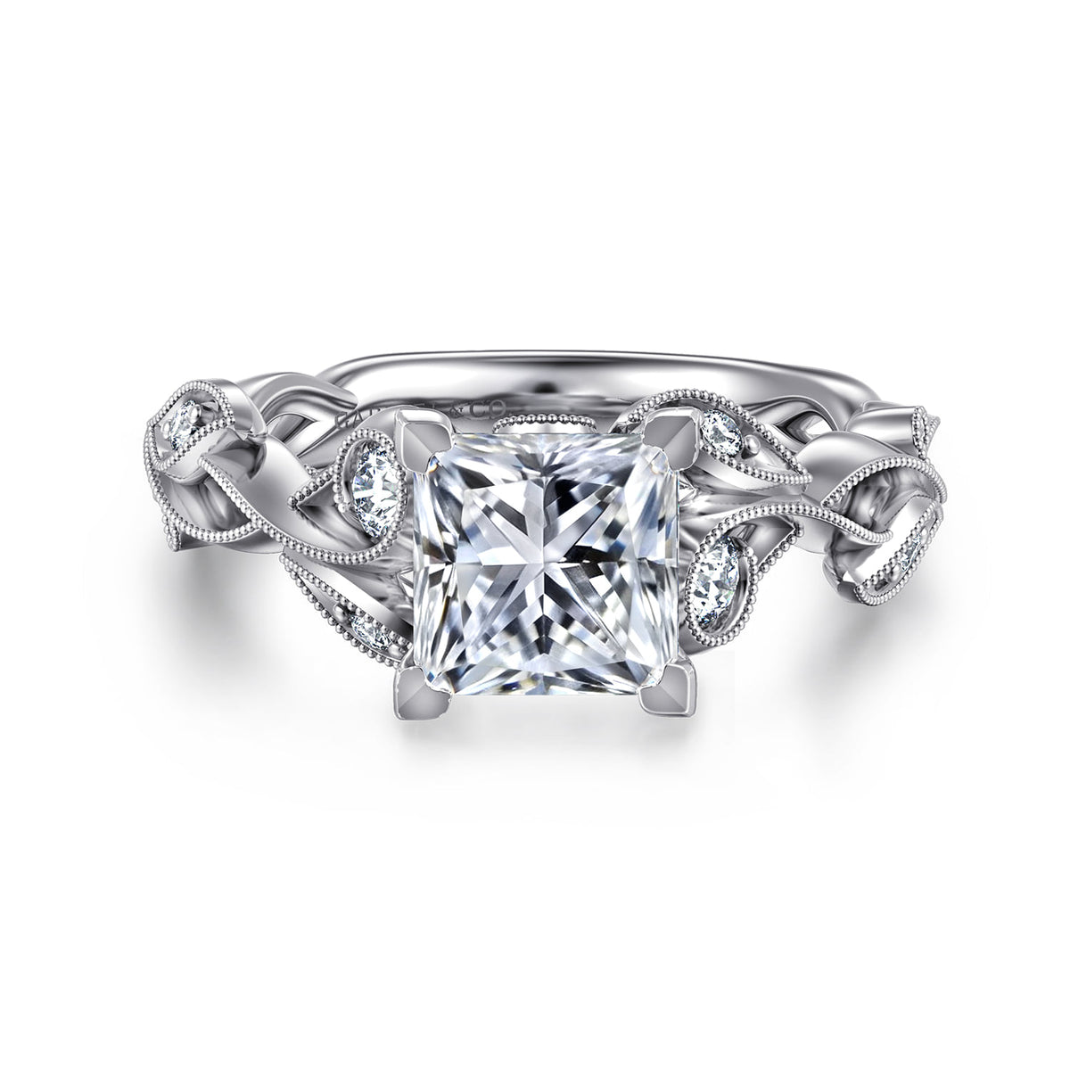 14K White Gold Floral Princess Cut Diamond Engagement Ring — ER15626S6W44JJ; center stone shown for illustration, not included