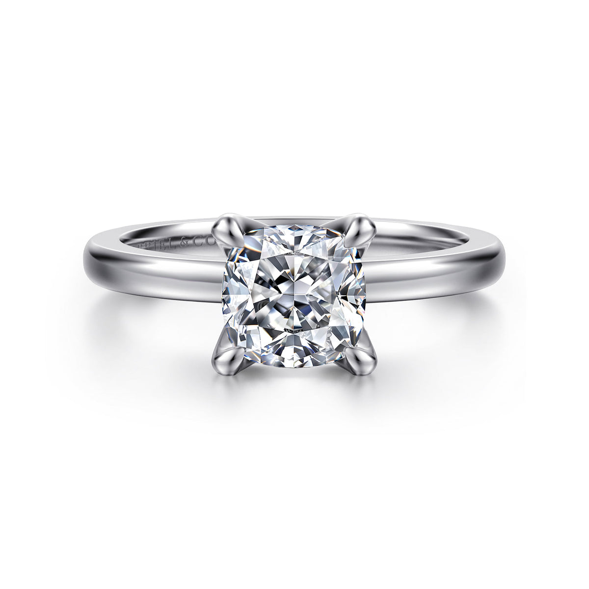 14K White Gold Cushion Cut Solitaire Engagement Ring — ER15702C6W4JJJ; center stone shown for illustration, not included
