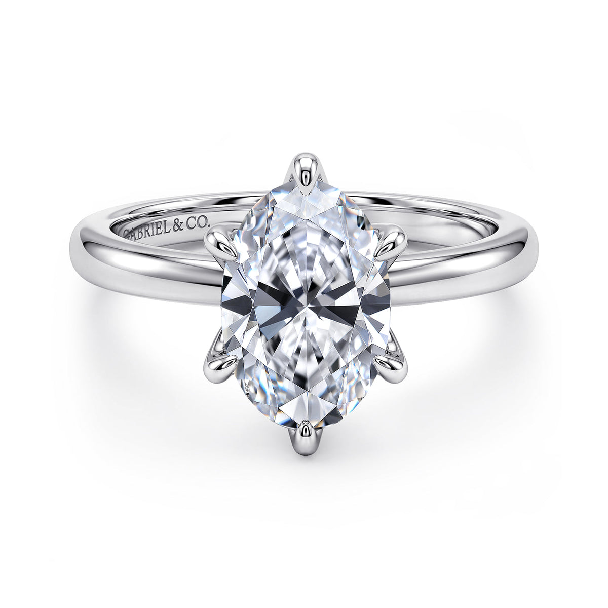 14K White Gold 6 Prong Oval Solitaire Engagement Ring — ER15702O8W4JJJ; center stone shown for illustration, not included