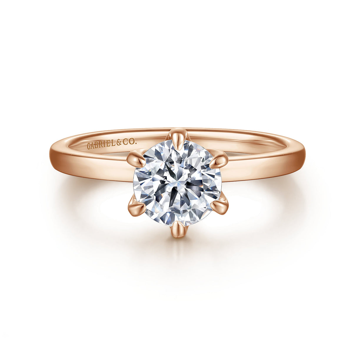 14K Rose Gold 6 Prong Round Solitaire Engagement Ring — ER15702R4K4JJJ; center stone shown for illustration, not included