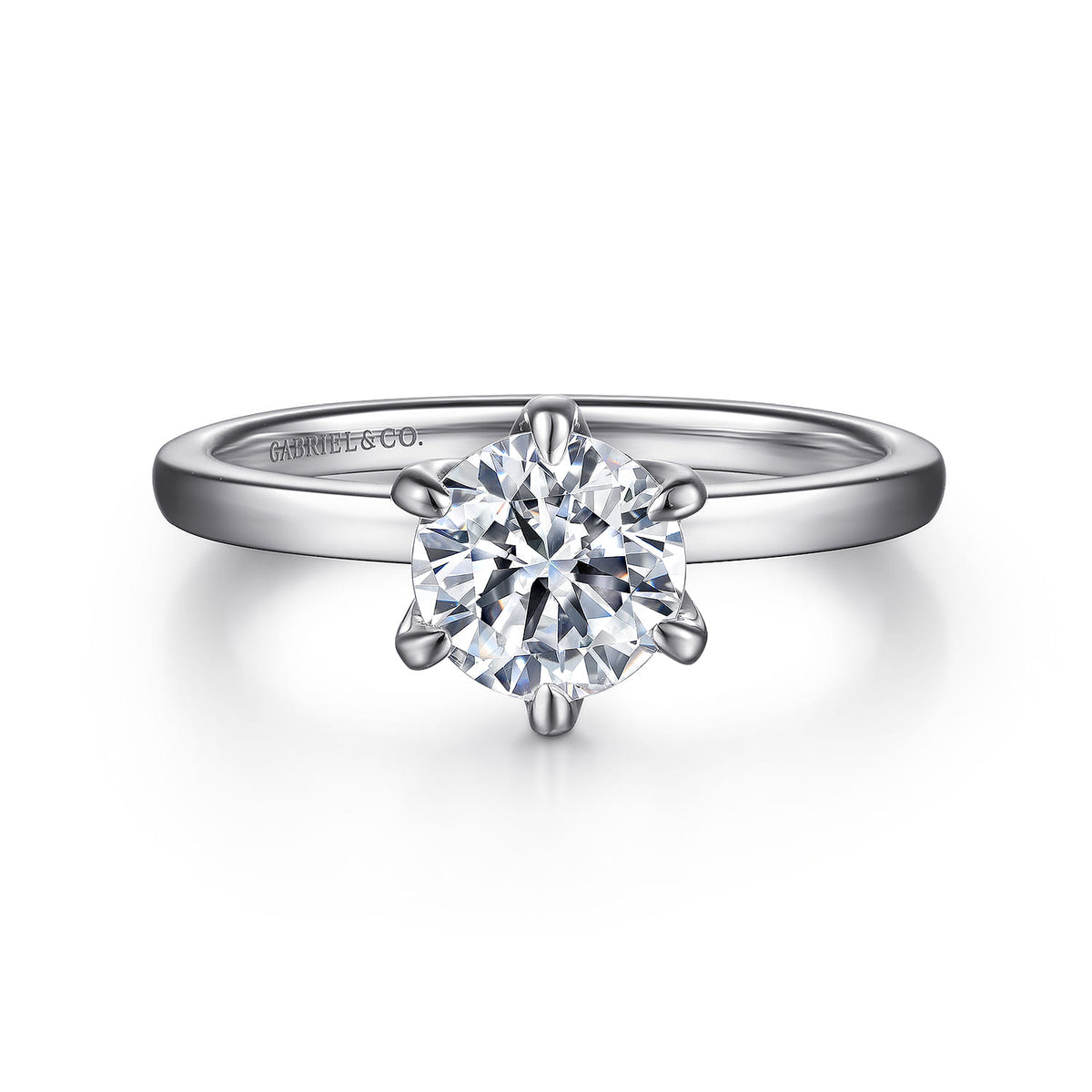 14K White Gold 6 Prong Round Solitaire Engagement Ring — ER15702R4W4JJJ; center stone shown for illustration, not included
