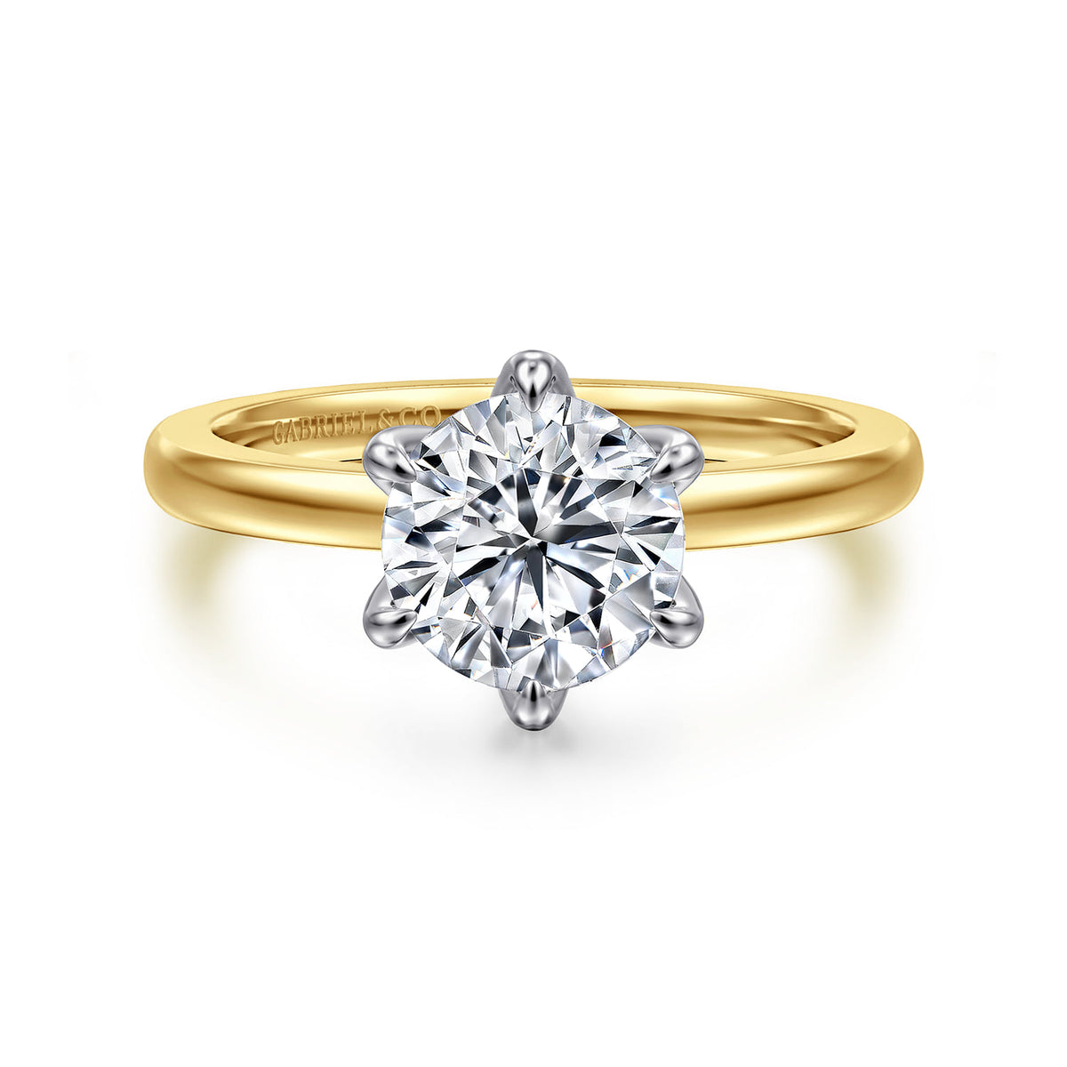 14K White-Yellow Gold 6 Prong Round Solitaire Engagement Ring — Gabriel & Co. ER15702R6M4JJJ; center stone shown for illustration, not included
