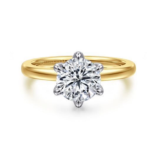 14K White-Yellow Gold 6 Prong Round Solitaire Engagement Ring — Gabriel & Co. ER15702R6M4JJJ; center stone shown for illustration, not included