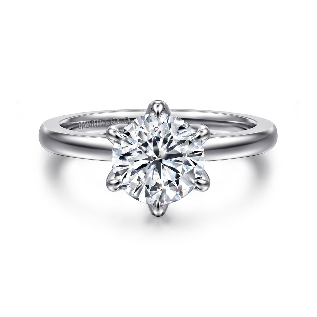 14K White Gold 6 Prong Round Solitaire Engagement Ring — Gabriel & Co. ER15702R6W4JJJ; center stone shown for illustration, not included
