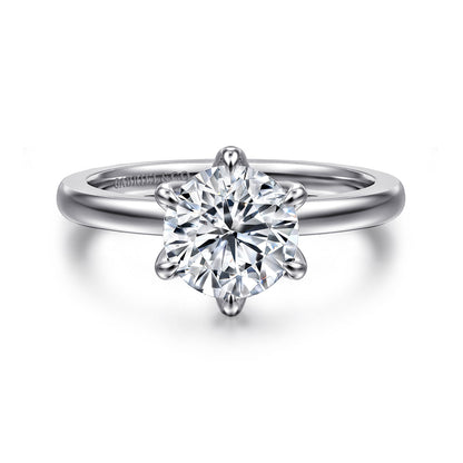 14K White Gold 6 Prong Round Solitaire Engagement Ring — Gabriel & Co. ER15702R6W4JJJ; center stone shown for illustration, not included