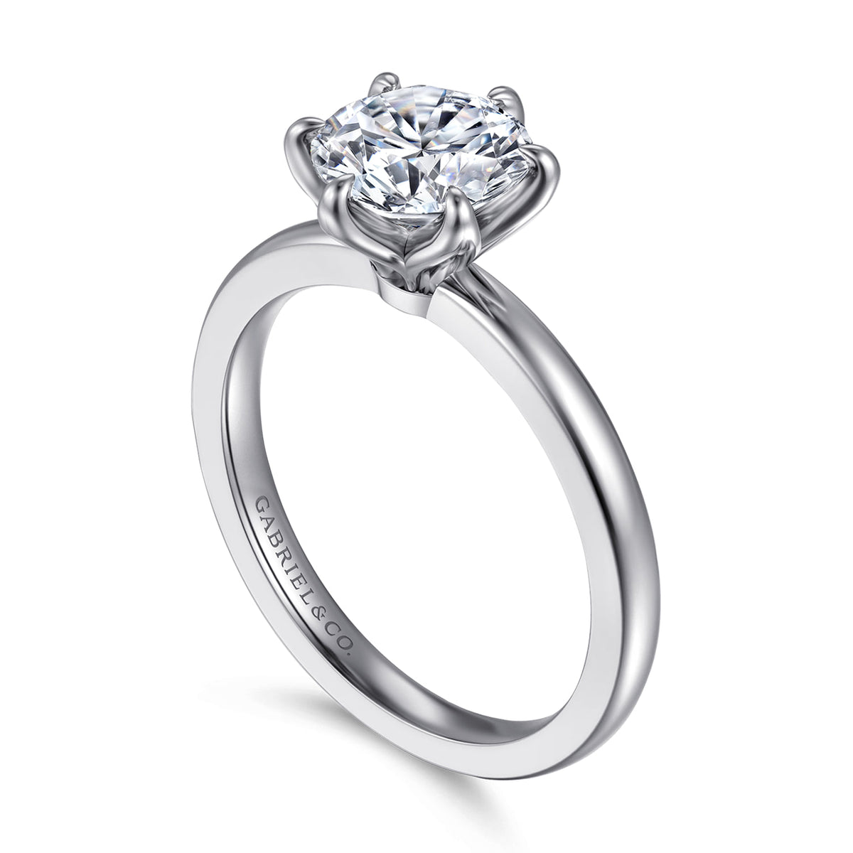 14K White Gold 6 Prong Round Solitaire Engagement Ring — Gabriel & Co. ER15702R6W4JJJ; center stone shown for illustration, not included