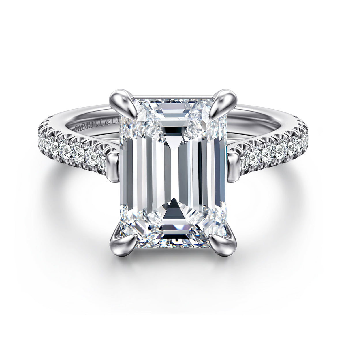 14K White Gold Emerald Cut Diamond Engagement Ring — Gabriel & Co. ER15727E18W44JJ; center stone shown for illustration, not included