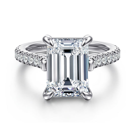 14K White Gold Emerald Cut Diamond Engagement Ring — Gabriel & Co. ER15727E18W44JJ; center stone shown for illustration, not included