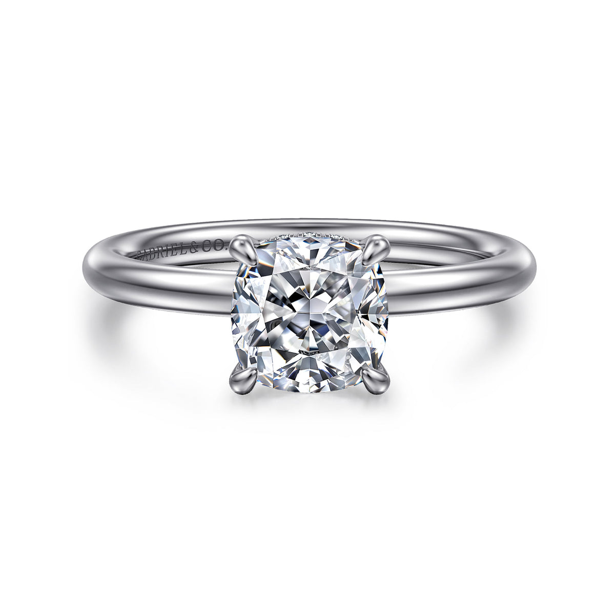 14K White Gold Solitaire Cushion Cut Diamond Engagement Ring — ER15739C6W44JJ; center stone shown for illustration, not included