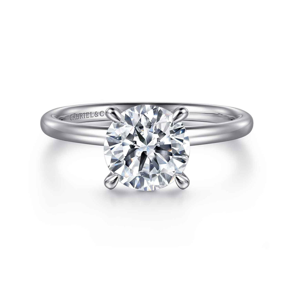 Platinum Solitaire Round Diamond Engagement Ring — Gabriel & Co. ER15739R8PT4JJ; center stone shown for illustration, not included