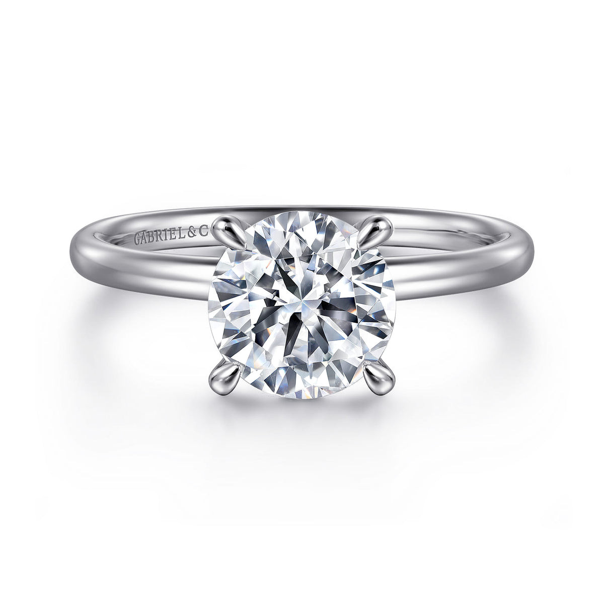 14K White Gold Solitaire Round Diamond Engagement Ring — Gabriel & Co. ER15739R8W44JJ; center stone shown for illustration, not included