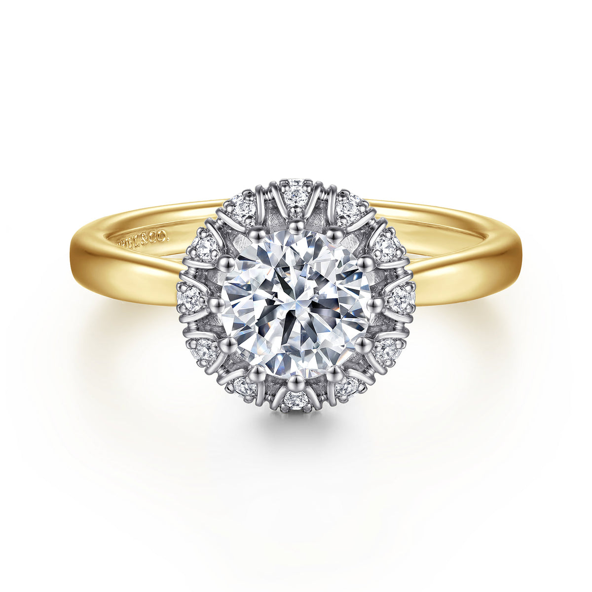 14K White-Yellow Gold Round Halo Diamond Engagement Ring — Gabriel & Co. ER15755Q4M44JJ; center stone shown for illustration, not included