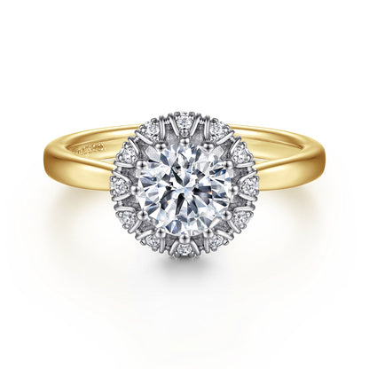 14K White-Yellow Gold Round Halo Diamond Engagement Ring — Gabriel & Co. ER15755Q4M44JJ; center stone shown for illustration, not included