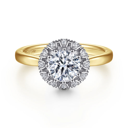 14K White-Yellow Gold Round Halo Diamond Engagement Ring — Gabriel & Co. ER15755Q4M44JJ; center stone shown for illustration, not included